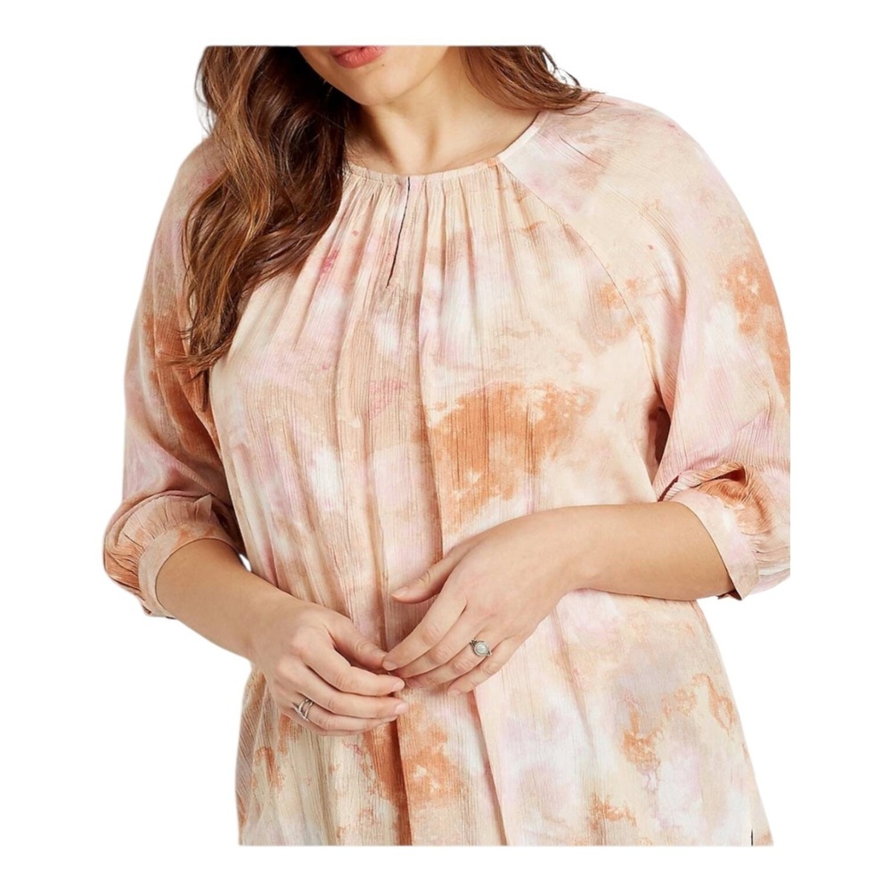 Maurice's Womens XL Watercolor Tie-dye Peach 3/4 Sleeve Keyhole Front Boho Tunic